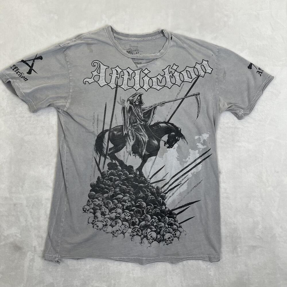 Affliction Josh Barnett T-Shirt Mens XL Gray Grim Reaper Skulls Graphic Y2K